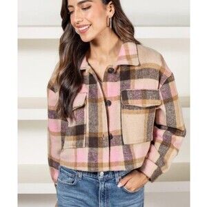 Elan Leo women's pink brown plaid Cropped flannel jacket size L